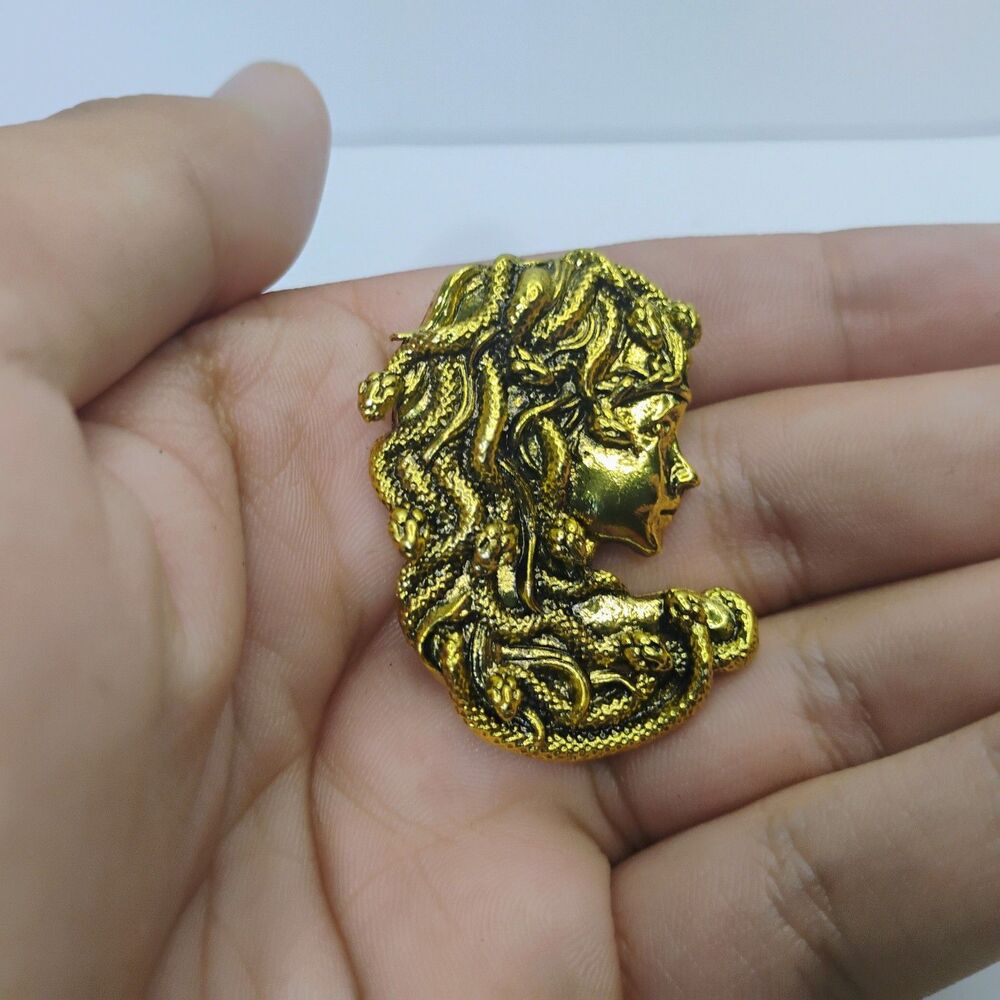 Golden Medusa Brooch Greek Mythology Snake Woman Pin & Pendant Necklace Charm - Picture 6 of 8